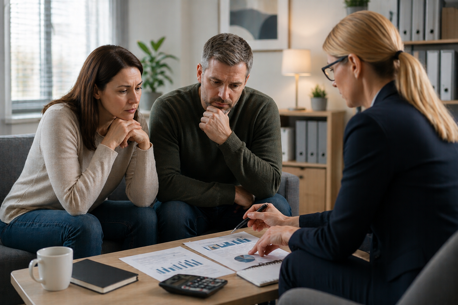 Two people sitting at a table having a financial discussion, with a mediator facilitating.